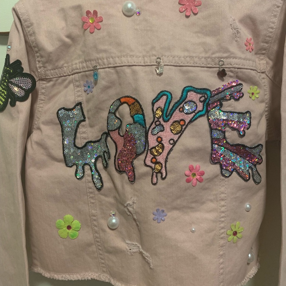 sequin jean jacket love pearls